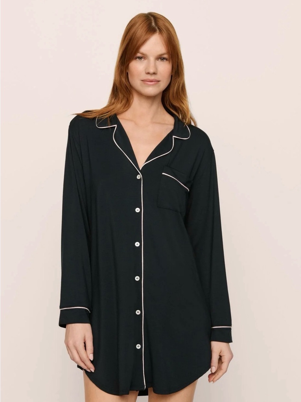 Eberjey Black Long-Sleeve Sleep Shirt with White Piping